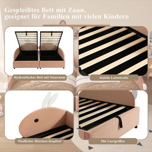 Lit Coffre Rembourré 90x200 Cm Lit Hydraulique-rangement-velours-rose + Blanc