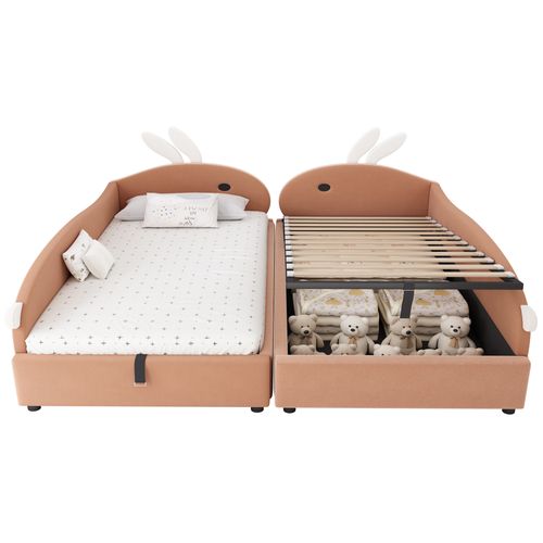 Lit Coffre Rembourré 90x200 Cm Lit Hydraulique-rangement-velours-rose + Blanc