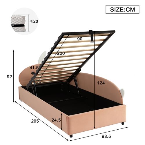 Lit Coffre Rembourré 90x200 Cm Lit Hydraulique-rangement-velours-rose + Blanc