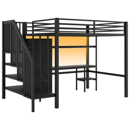Lit Mezzanine En Métal 140x200 Cm- Avec Bureau, Etagère, Penderie Et Escalier De Rangement- Noir