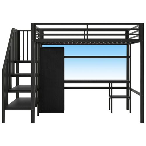 Lit Mezzanine En Métal 140x200 Cm- Avec Bureau, Etagère, Penderie Et Escalier De Rangement- Noir