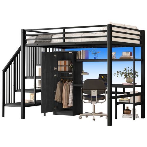 Lit Mezzanine En Métal 140x200 Cm- Avec Bureau, Etagère, Penderie Et Escalier De Rangement- Noir