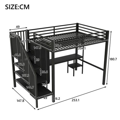 Lit Mezzanine En Métal 140x200 Cm- Avec Bureau, Etagère, Penderie Et Escalier De Rangement- Noir