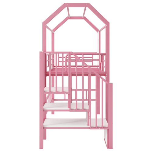 Lit Mezzanine En Métal 90x200 Cm - Avec Toit Et Escalier De Rangement- Rose