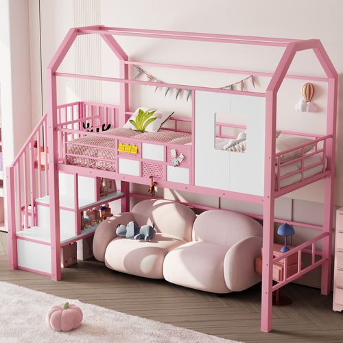 Lit Mezzanine En Métal 90x200 Cm - Avec Toit Et Escalier De Rangement- Rose
