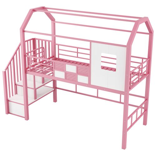 Lit Mezzanine En Métal 90x200 Cm - Avec Toit Et Escalier De Rangement- Rose