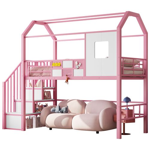 Lit Mezzanine En Métal 90x200 Cm - Avec Toit Et Escalier De Rangement- Rose