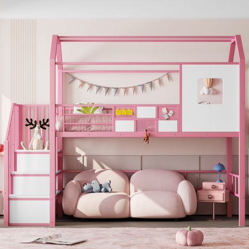 Lit Mezzanine En Métal 90x200 Cm - Avec Toit Et Escalier De Rangement- Rose