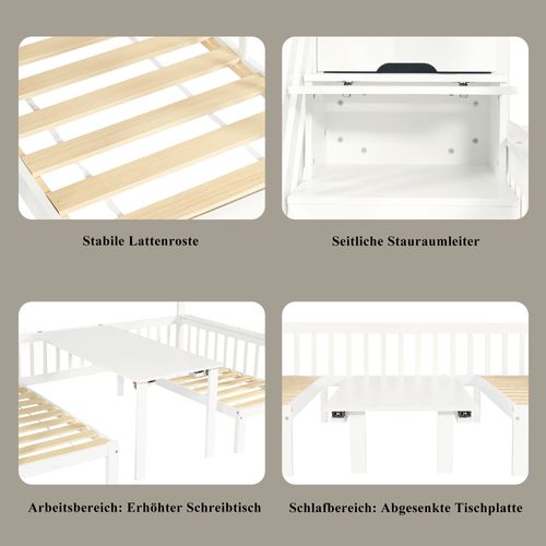 Lit Mezzanine 90x200 Cm et 120x200 Cm - Table Multifonctionnelle Réglable En Hauteur - Blanc