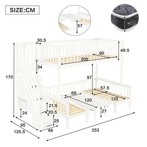 Lit Mezzanine 90x200 Cm et 120x200 Cm - Table Multifonctionnelle Réglable En Hauteur - Blanc