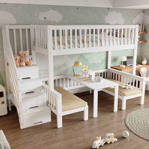 Lit Mezzanine 90x200 Cm et 120x200 Cm - Table Multifonctionnelle Réglable En Hauteur - Blanc