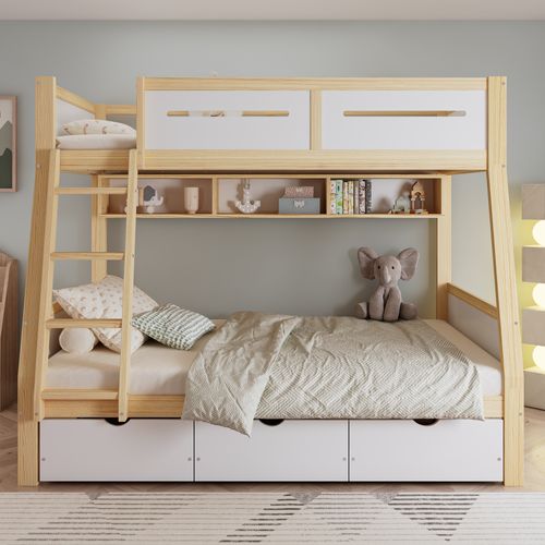 Lit Superposé 90x200cm Et 120x200cm-lit Enfant-trois Tiroirs Avec Roulettes-blanc + Naturel