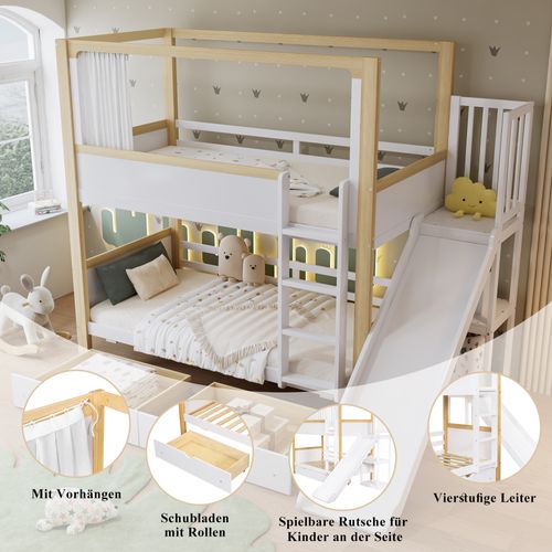Lit Superposé 90x200 Cm -Avec 2 Tiroirs à Roulettes Et Toboggan - Blanc + Naturel