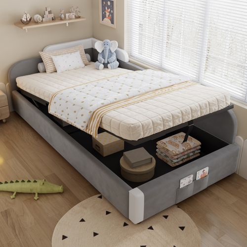 Lit Coffre Rembourré 90x200 Cm En Velours - Gris