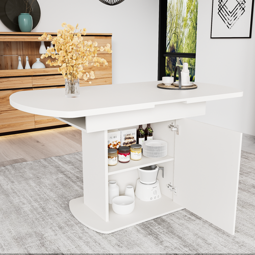 Table à Manger Ovale Extensible 110/130x70x75cm-avec Espace De Rangement-blanche Et Argenté