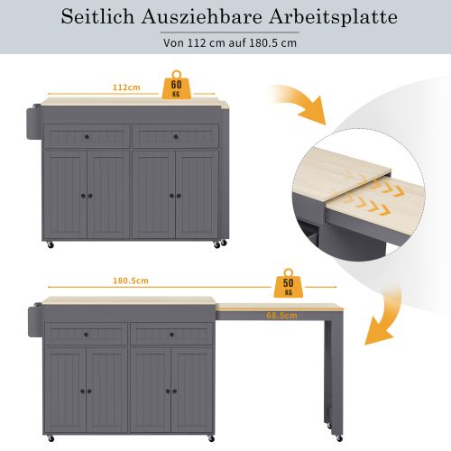 Îlot De Cuisine Sur Roulettes-desserte Extensible-avec Plan De Travail Et Tiroirs-gris Et Nature