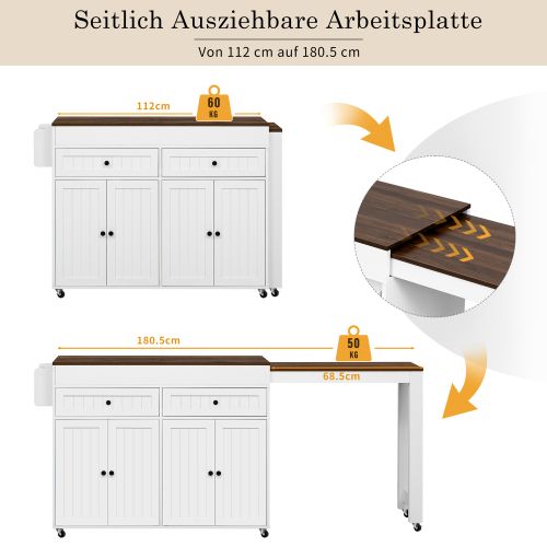 Îlot De Cuisine Sur Roulettes-desserte Extensible-avec Plan De Travail Et Tiroirs-blanc + Noyer