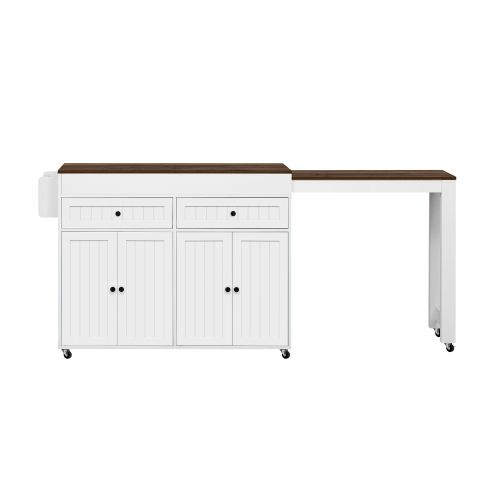 Îlot De Cuisine Sur Roulettes-desserte Extensible-avec Plan De Travail Et Tiroirs-blanc + Noyer