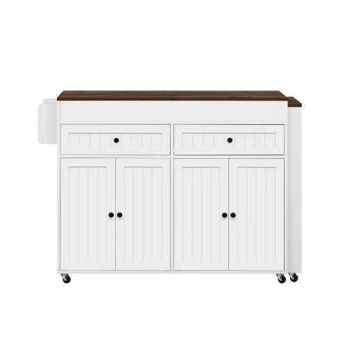 Îlot De Cuisine Sur Roulettes-desserte Extensible-avec Plan De Travail Et Tiroirs-blanc + Noyer