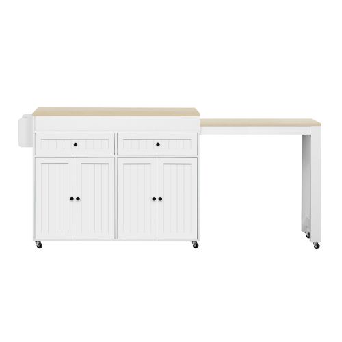 Îlot De Cuisine Sur Roulettes-desserte Extensible-avec Plan De Travail Et Tiroirs-blanc+naturel