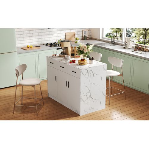 Ilôt Central 120×60×90,5cm-cuisine Comptoir-en Marbre Blanc-dos Avec Coin Bar-blanc