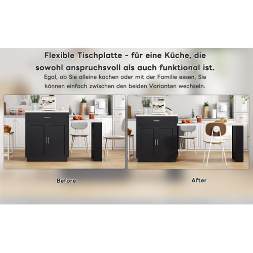 Ilôt Central Avec Table Extensible -l131cm- Prises USB-en Marbre Blanc-noir