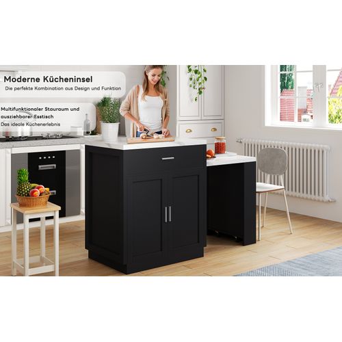 Ilôt Central Avec Table Extensible -l131cm- Prises USB-en Marbre Blanc-noir