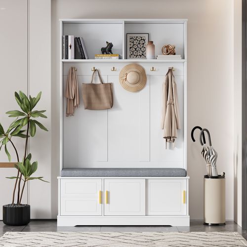 Vestiaire D’entrée120x40x191 Cm-meuble D’entrée Avec Banc Et Étagère à Chaussures-blanc