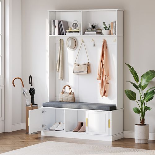 Vestiaire D’entrée120x40x191 Cm-meuble D’entrée Avec Banc Et Étagère à Chaussures-blanc