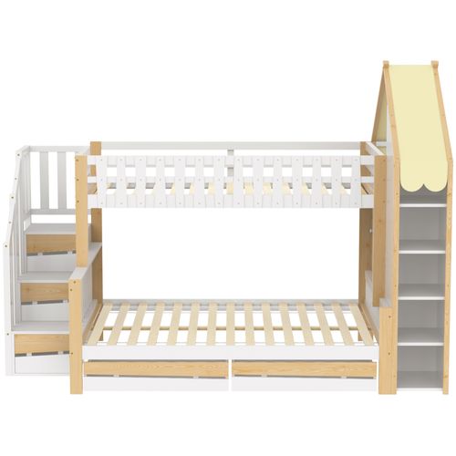 Lit Superposé 90x200cm+140x200cm-lit Enfant Avec 2 Tiroirs-échelle De Rangement-blanc + Naturel