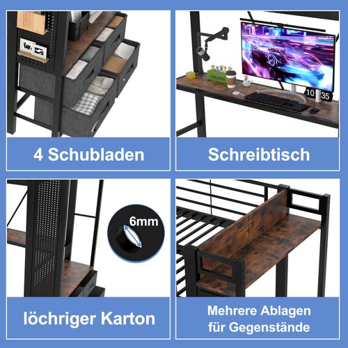 Lit Mezzanine 90*200cm-lit Enfant Avec Bureau, Étendoir-prise USB + Type-c-bande LED-noir