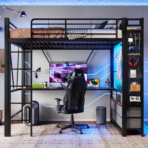 Lit Mezzanine 90*200cm-lit Enfant Avec Bureau, Étendoir-prise USB + Type-c-bande LED-noir