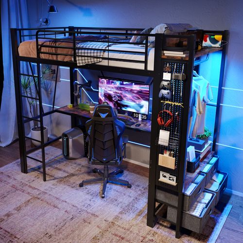 Lit Mezzanine 90*200cm-lit Enfant Avec Bureau, Étendoir-prise USB + Type-c-bande LED-noir