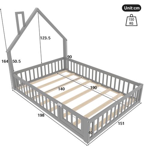 Lit Enfant 140 X 190 Cm - En Bois Massif - Gris