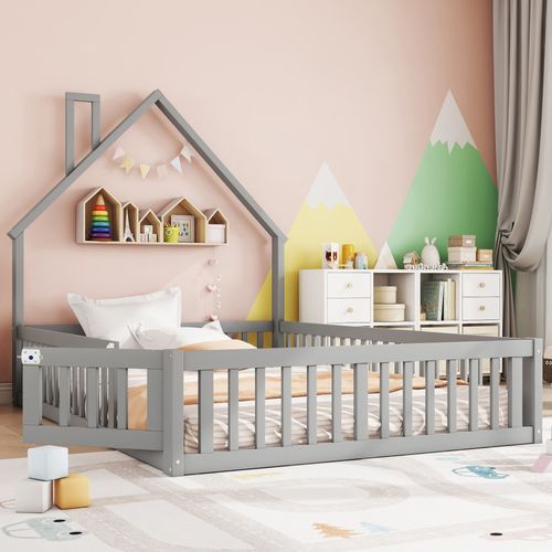 Lit Enfant 140 X 190 Cm - En Bois Massif - Gris
