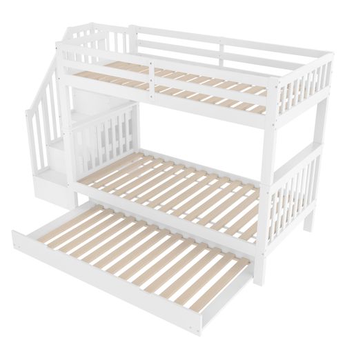 Lit Superposé 90x200cm-étagère Escalier-équipé D'un Lit Gigogne Escamotable-certifié En747-1-blanc