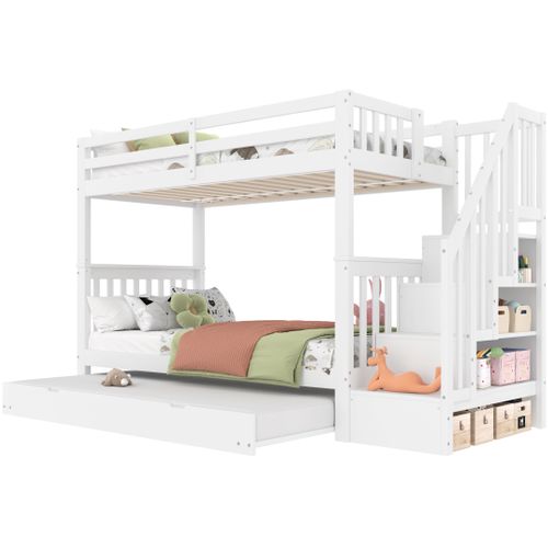 Lit Superposé 90x200cm-étagère Escalier-équipé D'un Lit Gigogne Escamotable-certifié En747-1-blanc