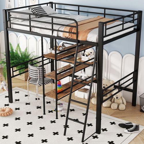 Lit Mezzanine 90*200cm-lit Avec Bureau-plusieurs Étagères-rampe-échelle-cadre En Fer-noir