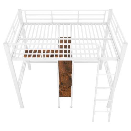 Lit Mezzanine 90*200cm-lit Avec Bureau-plusieurs Étagères-rampe-échelle-cadre En Fer-blanc