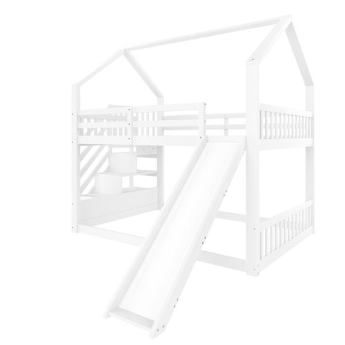 Lit Cabane Enfant-lit Superposé 140x200cm Avec Escalier De Rangement-avec Barrière-blanc