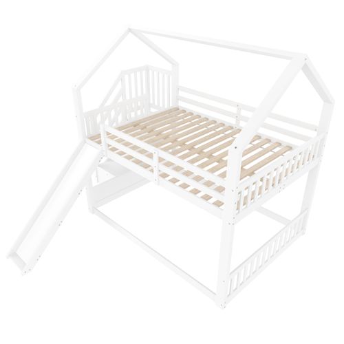 Lit Cabane Enfant-lit Superposé 140x200cm Avec Escalier De Rangement-avec Barrière-blanc