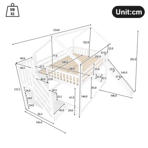 Lit Cabane Enfant-lit Superposé 140x200cm Avec Escalier De Rangement-avec Barrière-blanc