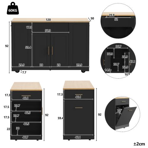 Îlot De Cuisine Avec Rangement Maximal-Desserte de Cuisine à Roulettes-Poubelle Intégrée-Noir