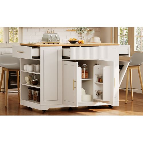 Îlot De Cuisine Avec Rangement-armoire De Cuisine à Roulettes-poubelle Intégrée-chariot-blanc