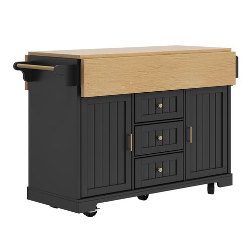 Îlot De Cuisine Avec Table Extensible-rangement Intelligent Avec Roulettes-noir-cuisine Et Séjour