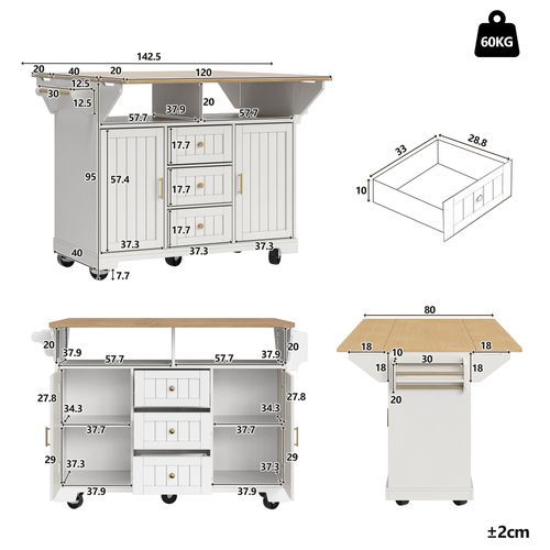 Îlot De Cuisine Avec Table Extensible-rangement Intelligent Avec Roulettes-blanc-cuisine Et Séjour