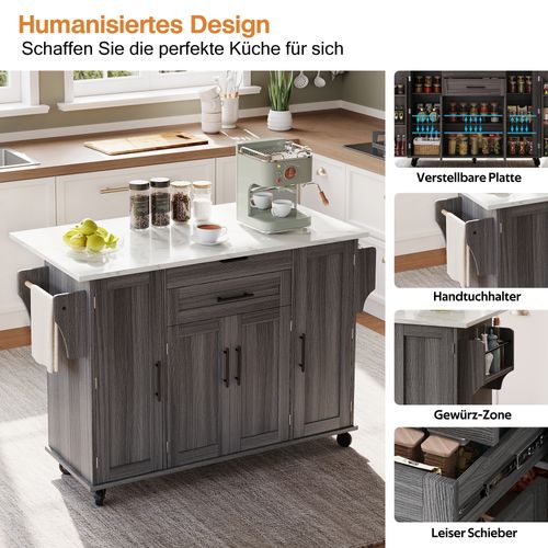 Îlot De Cuisine Mobile Avec Plan Extensible-desserte-5 Roues Et Rangement-chariot-gris Et Blanc