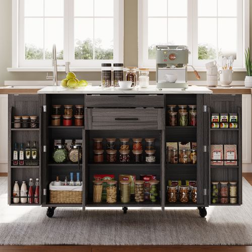 Îlot De Cuisine Mobile Avec Plan Extensible-desserte-5 Roues Et Rangement-chariot-gris Et Blanc