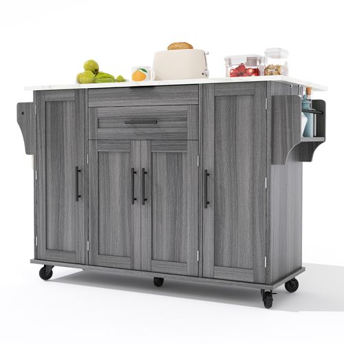 Îlot De Cuisine Mobile Avec Plan Extensible-desserte-5 Roues Et Rangement-chariot-gris Et Blanc