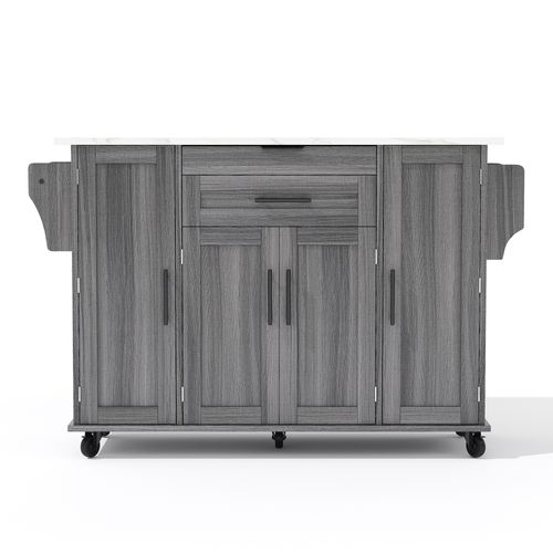 Îlot De Cuisine Mobile Avec Plan Extensible-desserte-5 Roues Et Rangement-chariot-gris Et Blanc